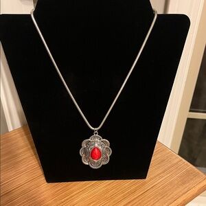 Elegant Silver Necklace with Red Pendant